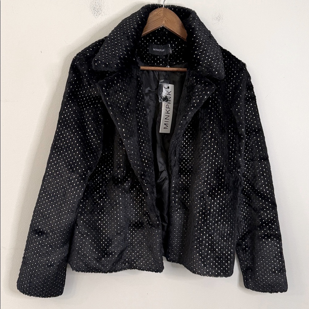 MINKPINK faux fur black jacket with gold dot pattern open front chunky warm SM - Picture 6 of 14